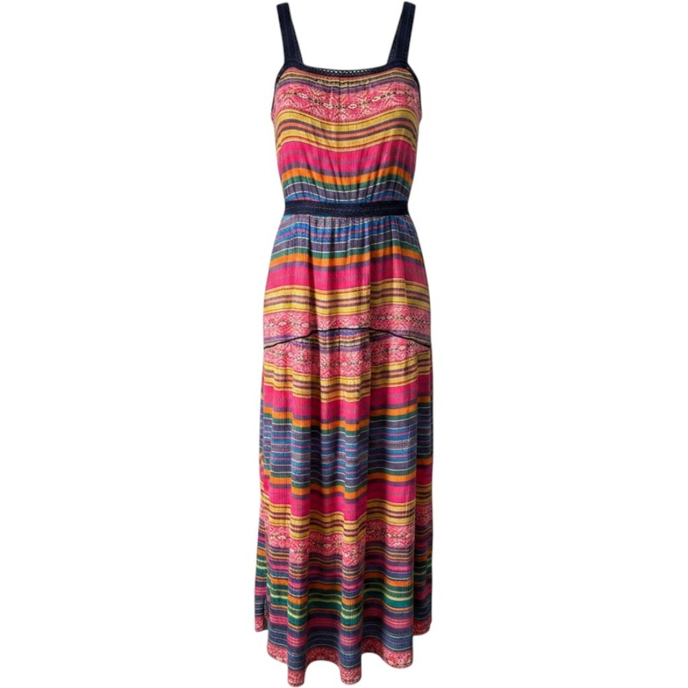 Star Mela Benita Stripe Maxi Dress Womens S Boho Crochet Lace NWT Multi Cotton